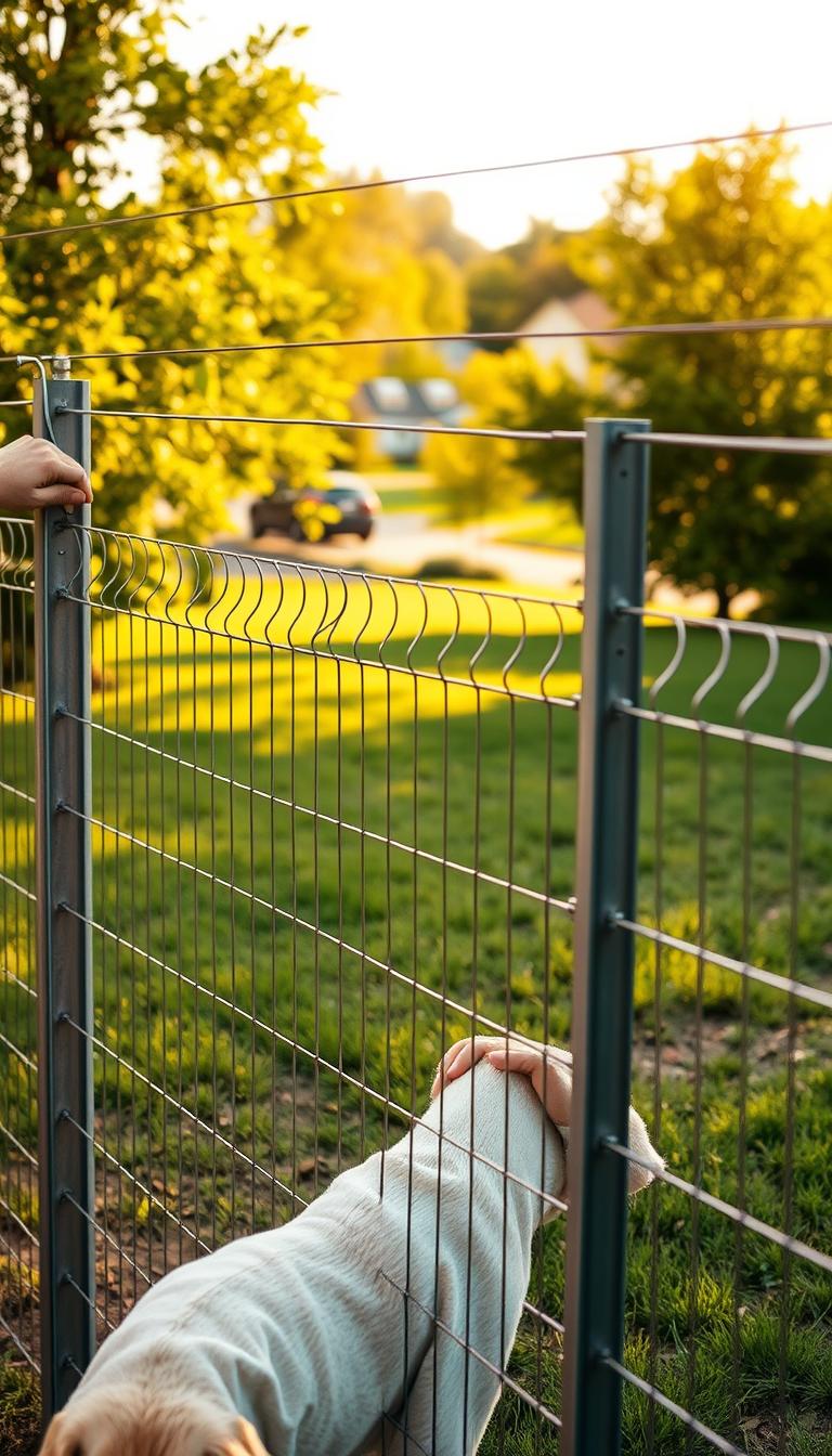 An outdoor scene featuring a dog owner carefully inspecting and maintaining a sturdy wire mesh fence. In the foreground, the dog owner is examining the fence posts and panels, ensuring they are securely anchored and free of any damage or corrosion. The middle ground showcases the well-constructed fence, with its uniform grid of galvanized steel wires blending seamlessly into the lush, verdant landscape. In the background, a tranquil suburban neighborhood provides a peaceful setting, emphasizing the importance of responsible pet containment. The scene is bathed in warm, golden sunlight, creating a sense of care and diligence in the dog owner's task. The overall mood conveys the dedication required to keep a dog fence in optimal condition for the long-term safety and security of the beloved pet.