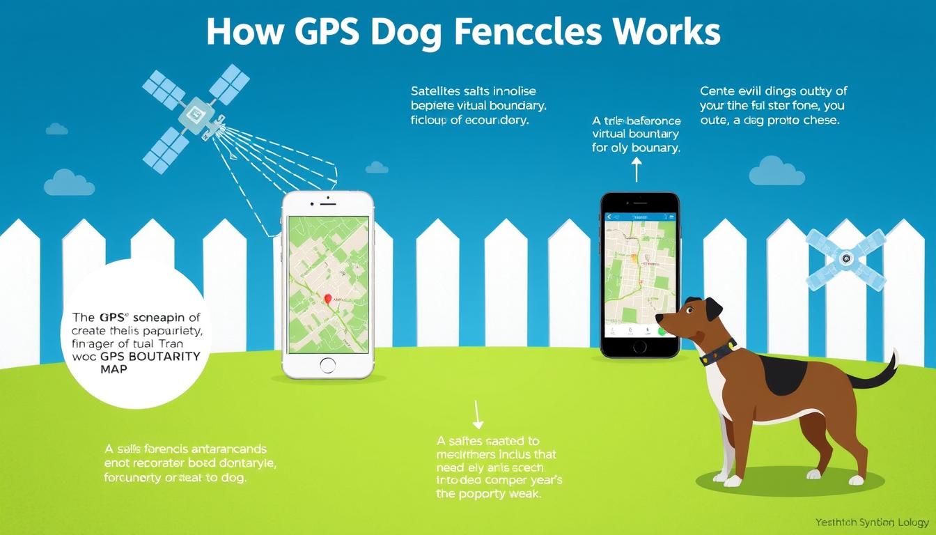 Diagram showing how GPS dog fence technology works with satellites and virtual boundaries Diagram showing how GPS dog fence technology works with satellites and virtual boundaries