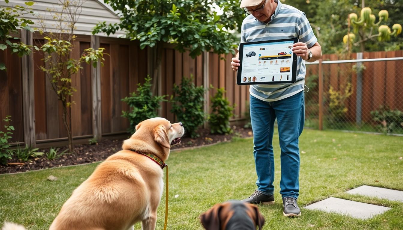 Dog owner measuring yard for outdoor dog fence installation Dog owner measuring yard for outdoor dog fence installation