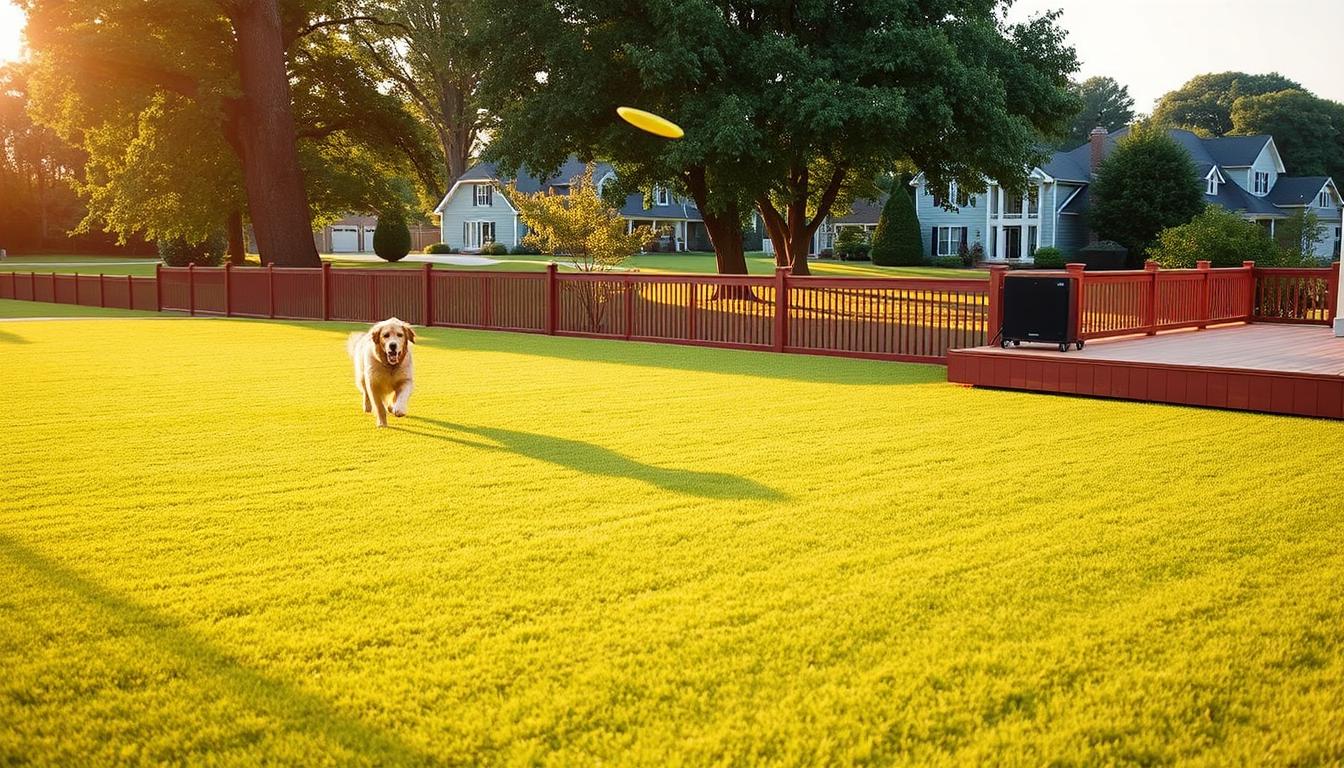Expansive green lawn with a well-manicured border, illuminated by warm afternoon sunlight. In the foreground, a playful golden retriever chases a thrown frisbee, unencumbered by any visible fencing. In the middle ground, a sleek wireless dog fence control unit sits atop a wooden deck, blending seamlessly with the natural environment. The background features a picturesque suburban neighborhood, with lush trees and well-kept homes, conveying a sense of safety and freedom for the beloved canine companion.