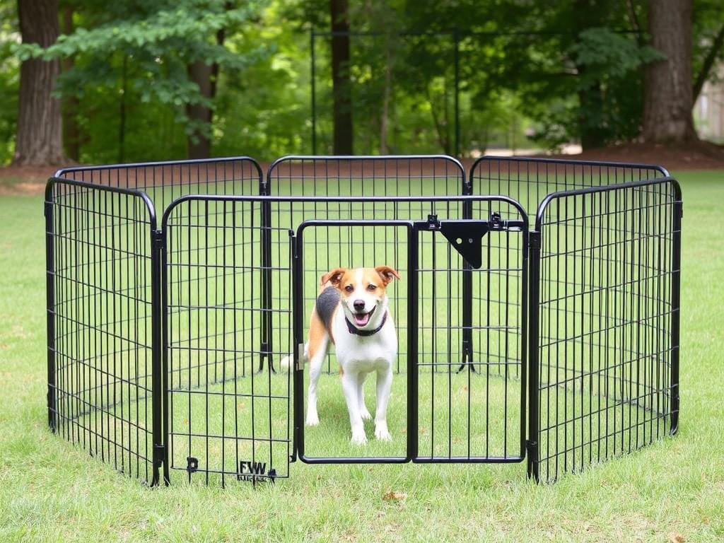 FXW Outdoor Dog Playpen outdoor dog fence with a dog inside the enclosure FXW Outdoor Dog Playpen outdoor dog fence with a dog inside the enclosure