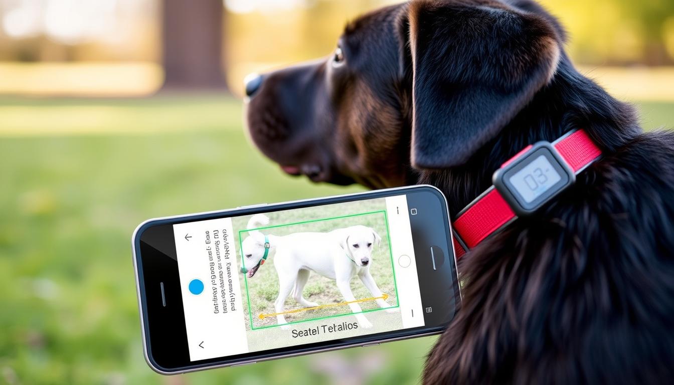 Generate an image of a dog wearing the SpotOn GPS Dog Fence collar, with a visual representation of customizable boundaries on a smartphone screen.