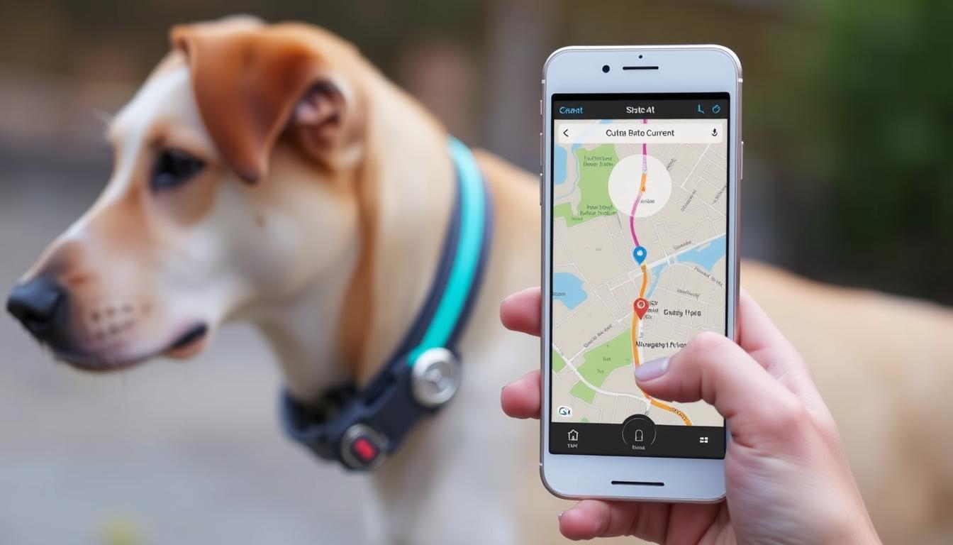 Generate an image of the Halo Collar4 being worn by a dog, with a map view on a smartphone showing the dog's location.