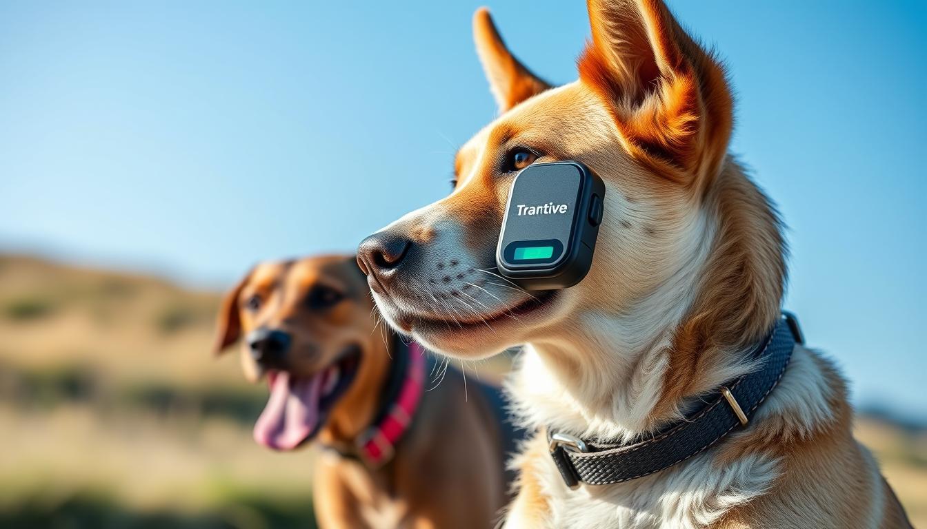 Generate an image of the Tractive GPS Tracker device attached to a dog collar.