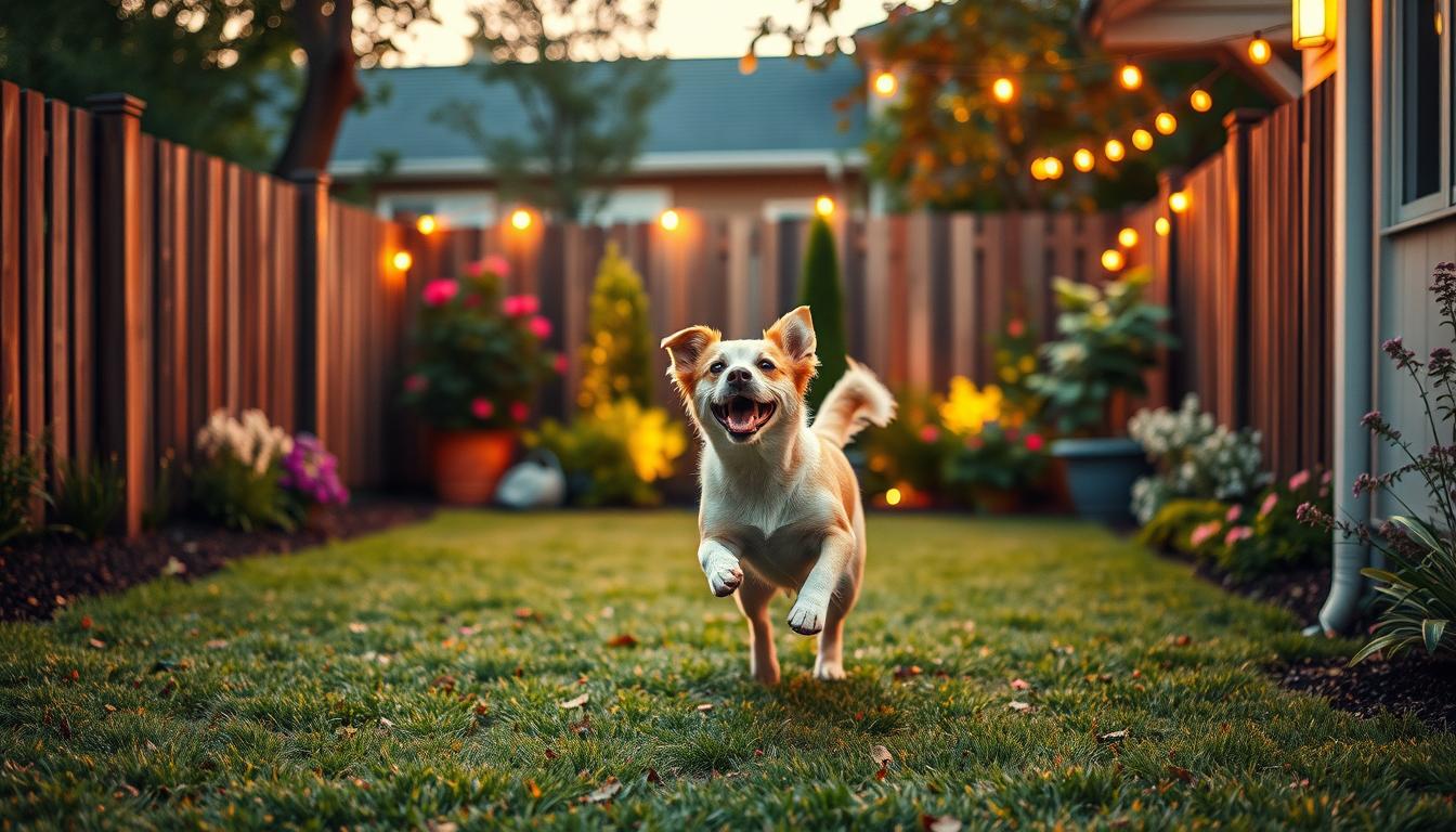 Happy dog playing safely within outdoor dog fence boundaries Happy dog playing safely within outdoor dog fence boundaries