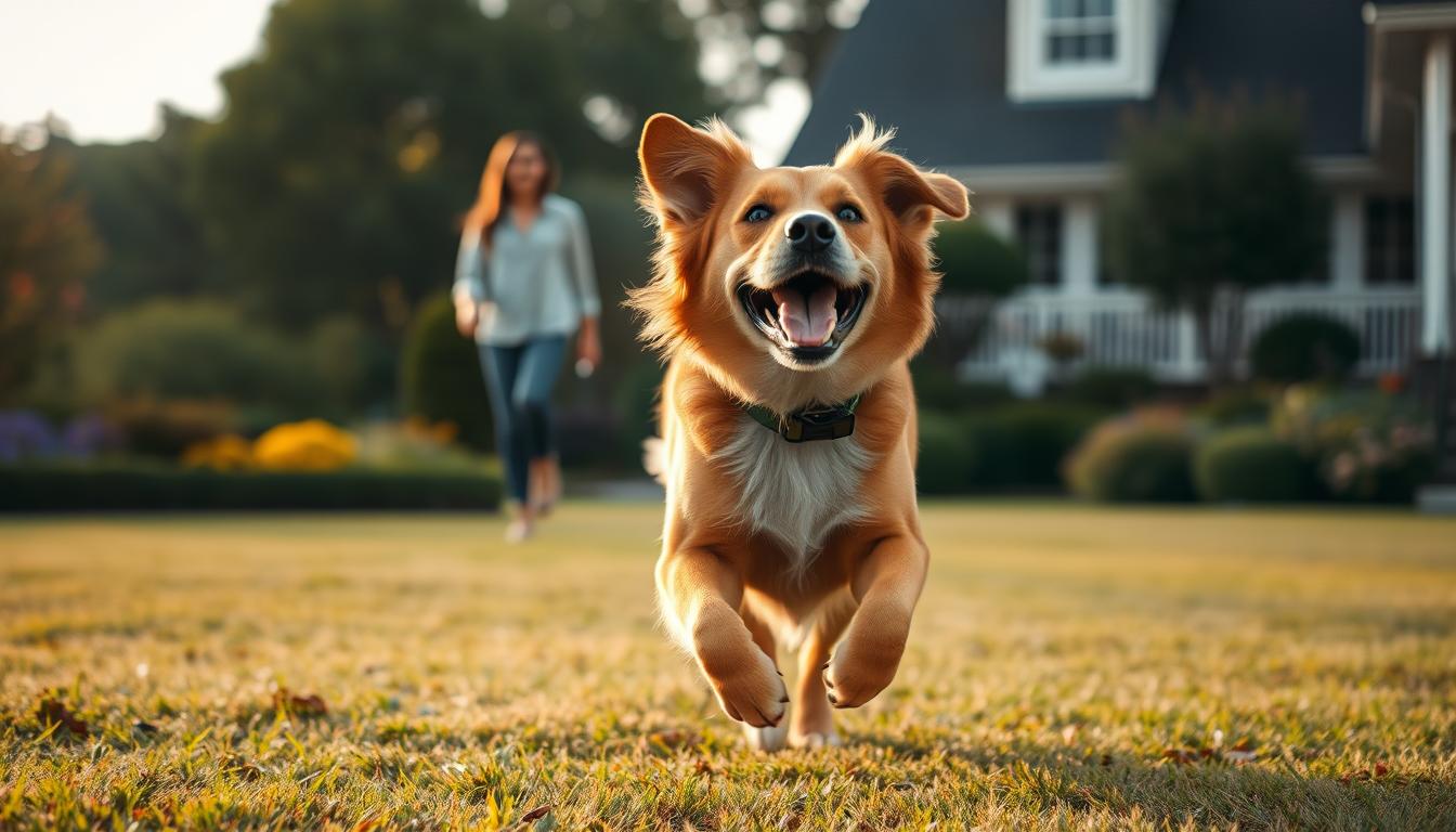 Happy dog running freely within the safe boundaries of a GPS dog fence system Happy dog running freely within the safe boundaries of a GPS dog fence system