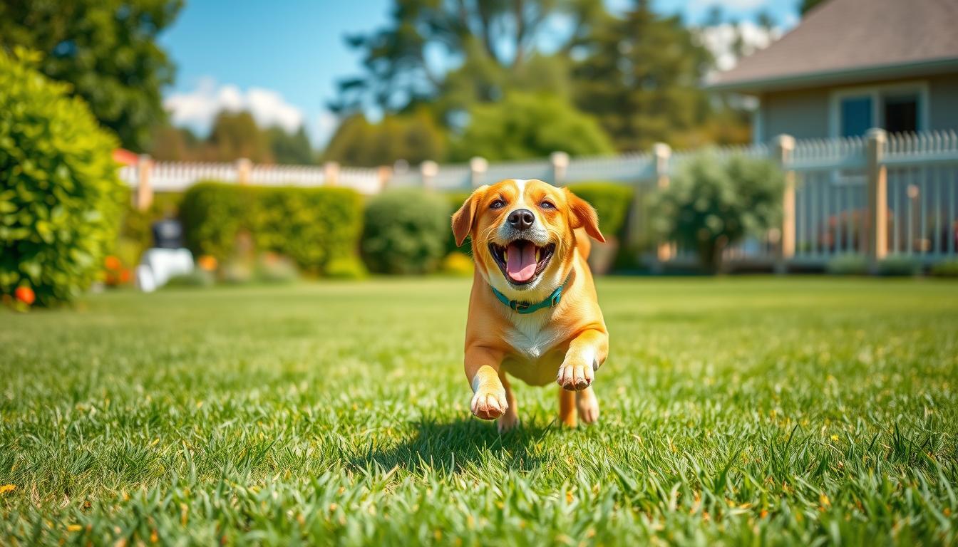 Image of a dog in a yard with a wireless dog fence