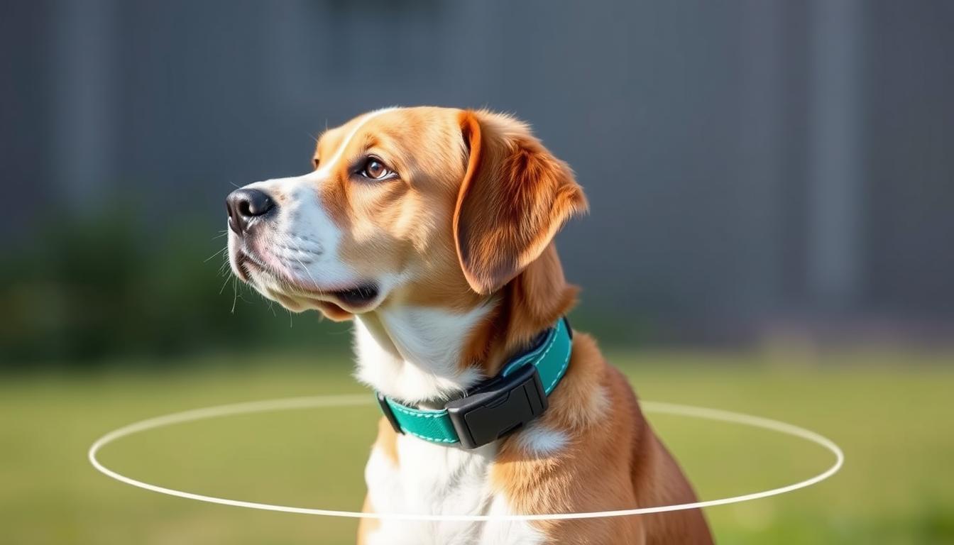 Image of a dog wearing a wireless dog fence collar, with a subtle boundary line visible around it.