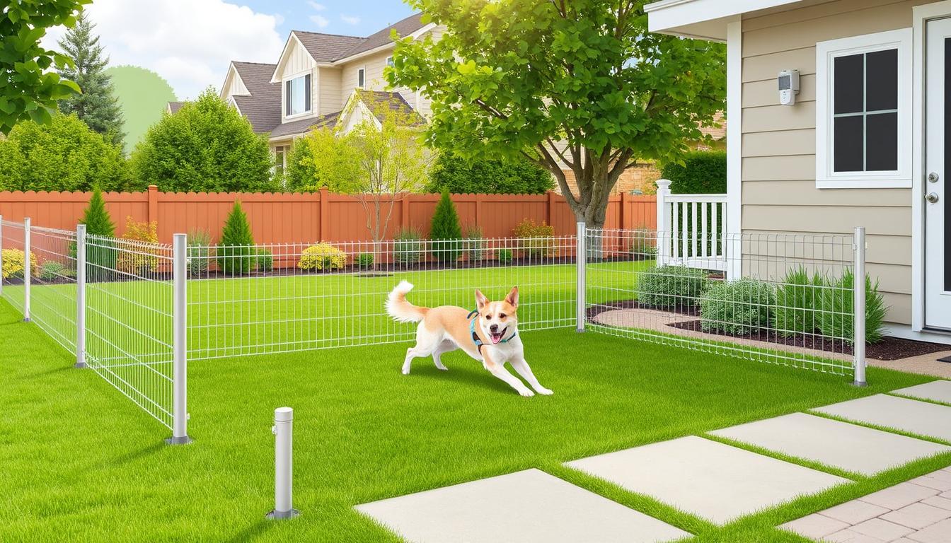 Image of a wireless dog fence system in a suburban backyard