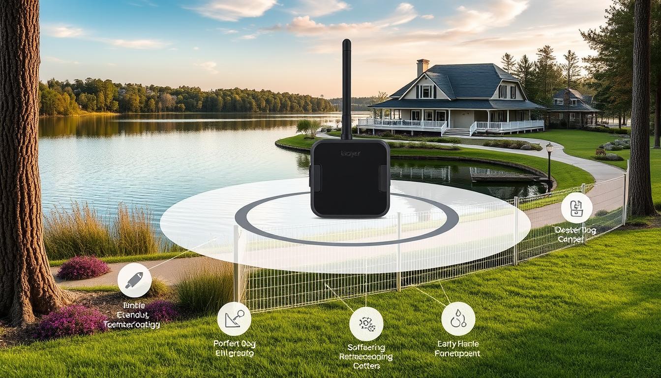 Image of a wireless dog fence system installed around a waterfront property