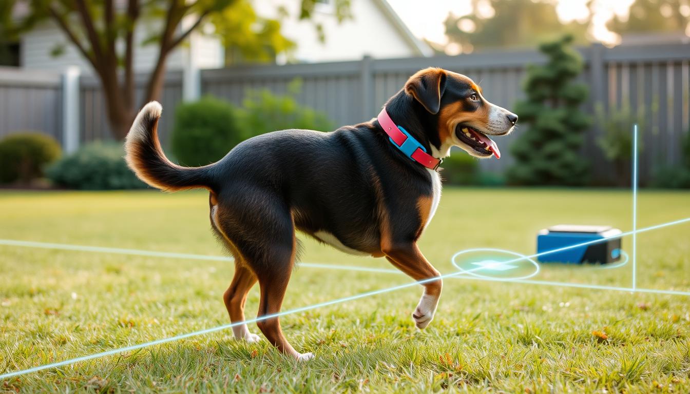 WIEZ GPS Wireless Dog Fence being used with a dog in a yard showing the effective boundary range WIEZ GPS Wireless Dog Fence being used with a dog in a yard showing the effective boundary range
