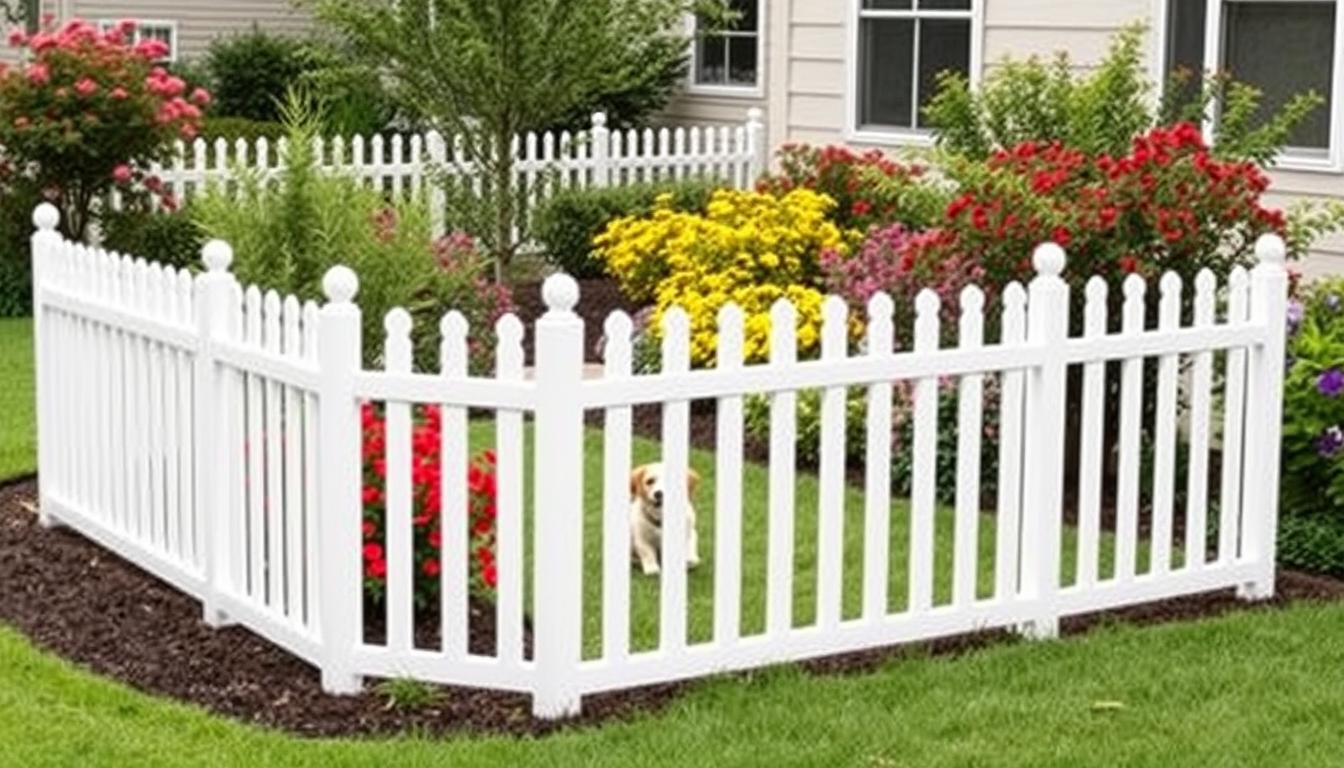 Zippity Outdoor Products No Dig Baskenridge Fence Panels outdoor dog fence in a landscaped yard Zippity Outdoor Products No Dig Baskenridge Fence Panels outdoor dog fence in a landscaped yard