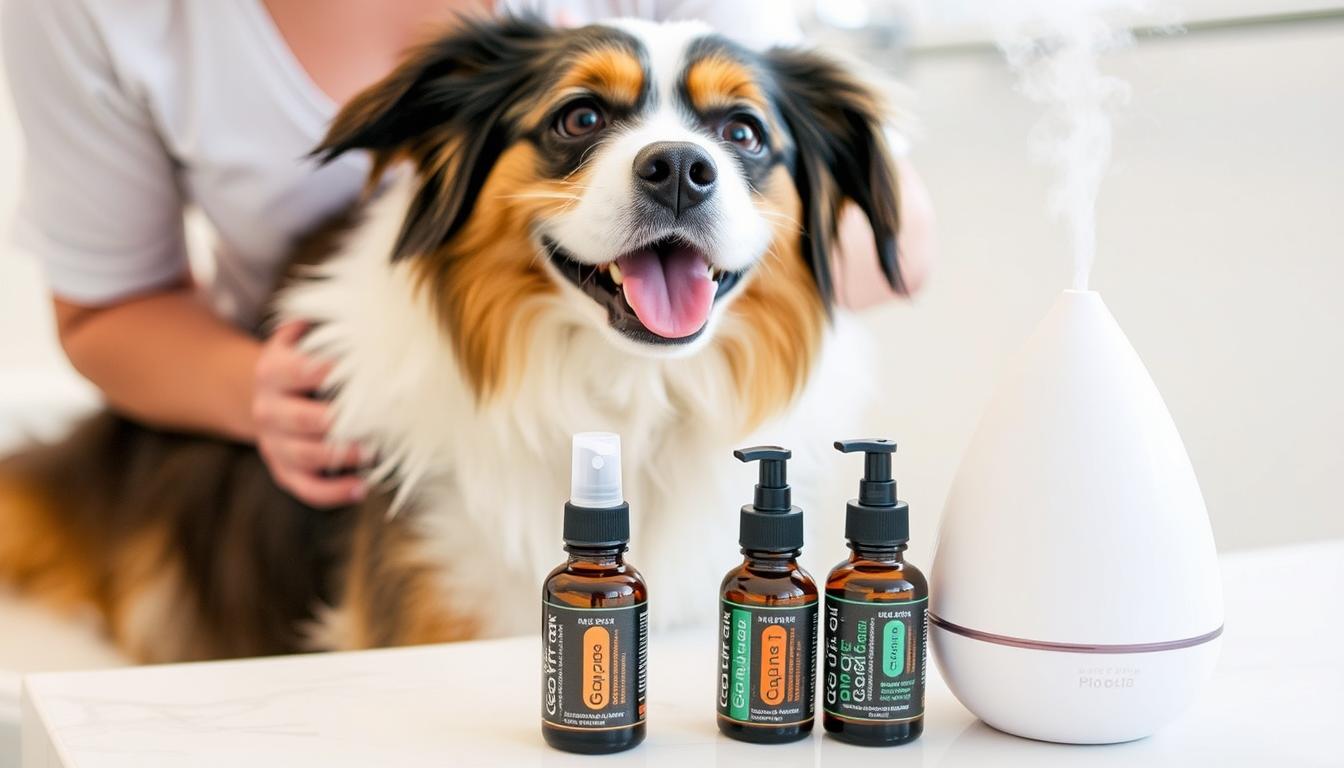 A dog enjoying a grooming session with essential oil products visible in the background A dog enjoying a grooming session with essential oil products visible in the background