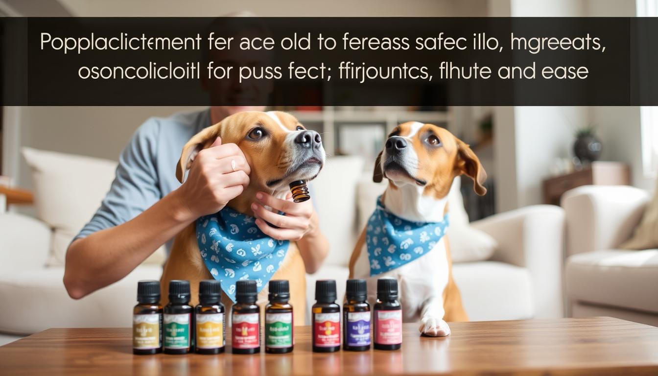 A dog owner carefully applying diluted essential oils to a bandana for their pet with essential oils for dogs visible in the background A dog owner carefully applying diluted essential oils to a bandana for their pet with essential oils for dogs visible in the background