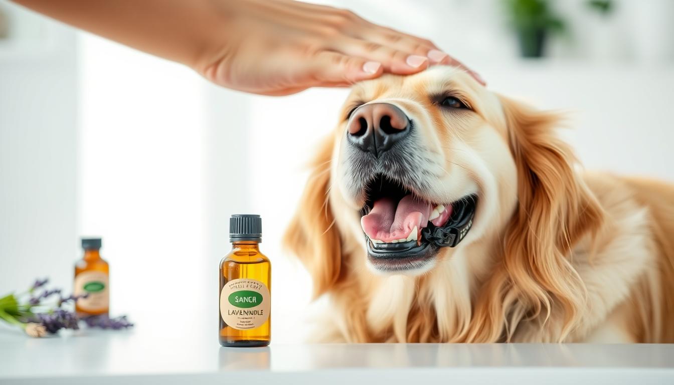 A happy dog enjoying essential oil treatment with lavender and chamomile oils visible in the background