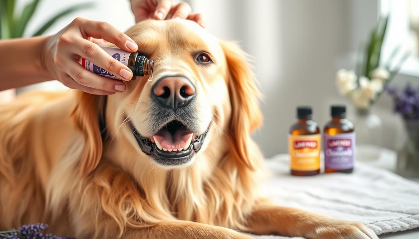 A happy dog enjoying essential oil treatment with lavender and chamomile oils visible in the background
