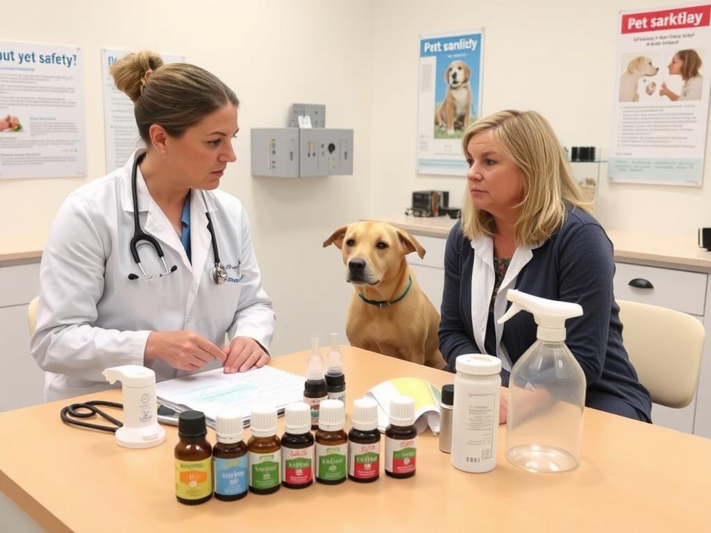 A veterinarian explaining essential oil safety to a dog owner with safety equipment visible A veterinarian explaining essential oil safety to a dog owner with safety equipment visible