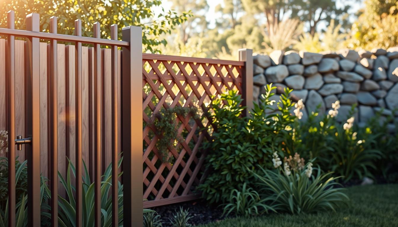 A vibrant, photorealistic outdoor scene showcasing innovative dog fence ideas. In the foreground, a stylish, modern fence made of sleek metal bars and glass panels, creating a minimalist and elegant aesthetic. In the middle ground, a rustic wooden fence with intricate lattice work, blending seamlessly into a lush, verdant garden. In the background, a unique stone wall fence with irregular shapes and textures, complementing the natural surroundings. The scene is bathed in warm, golden sunlight, casting soft shadows and highlights that accentuate the textures and materials. The overall atmosphere conveys a sense of creativity, functionality, and harmony between the dog-friendly fencing solutions and the environment.