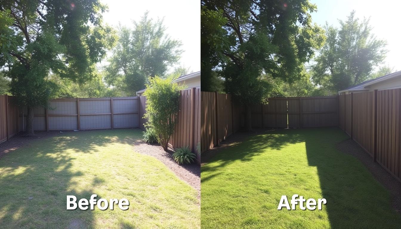 Before and after comparison of a yard transformation with affordable fencing Before and after comparison of a yard transformation with affordable fencing