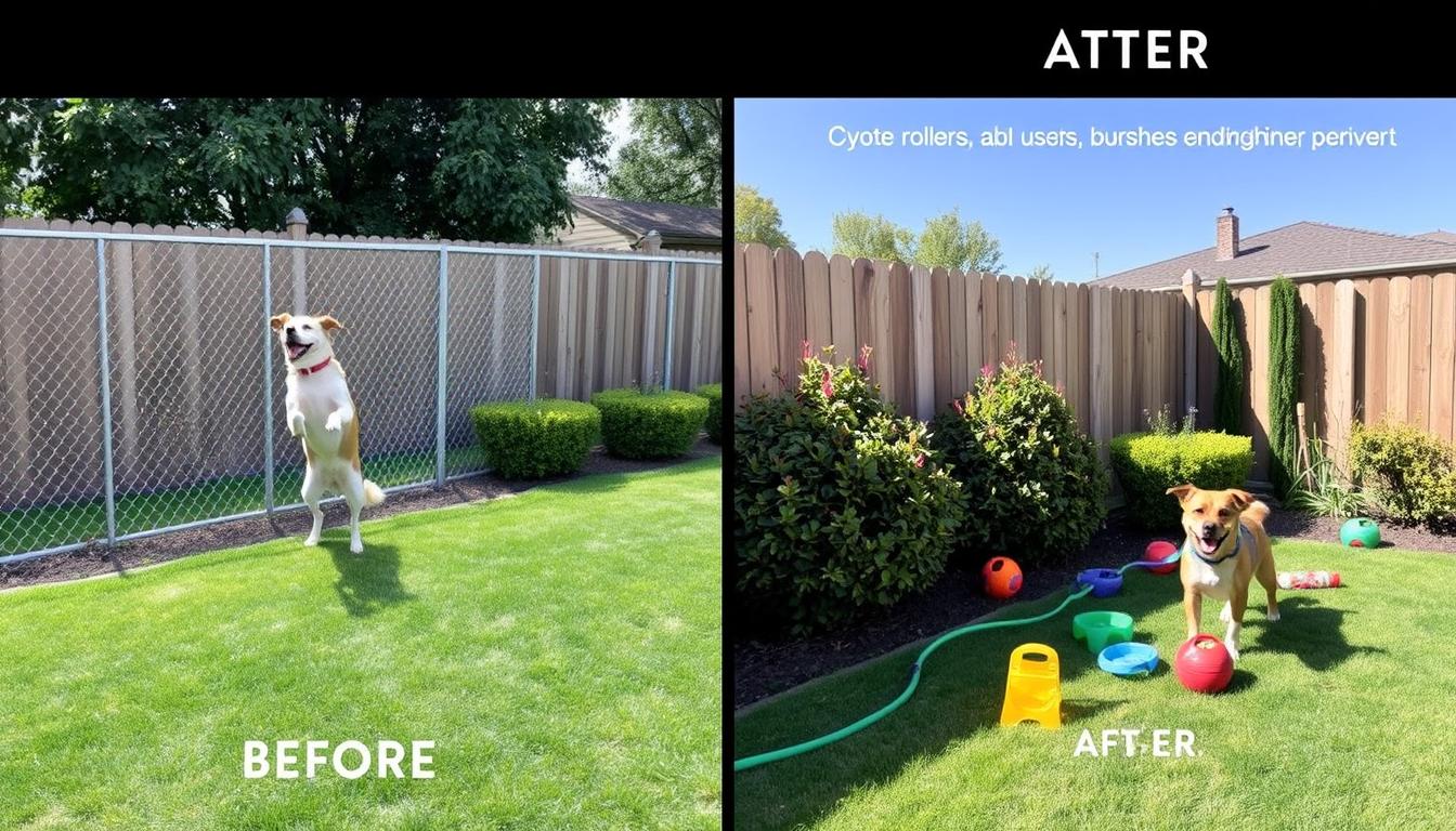 Before and after images of a yard modified to stop dogs from jumping fences Before and after images of a yard modified to stop dogs from jumping fences