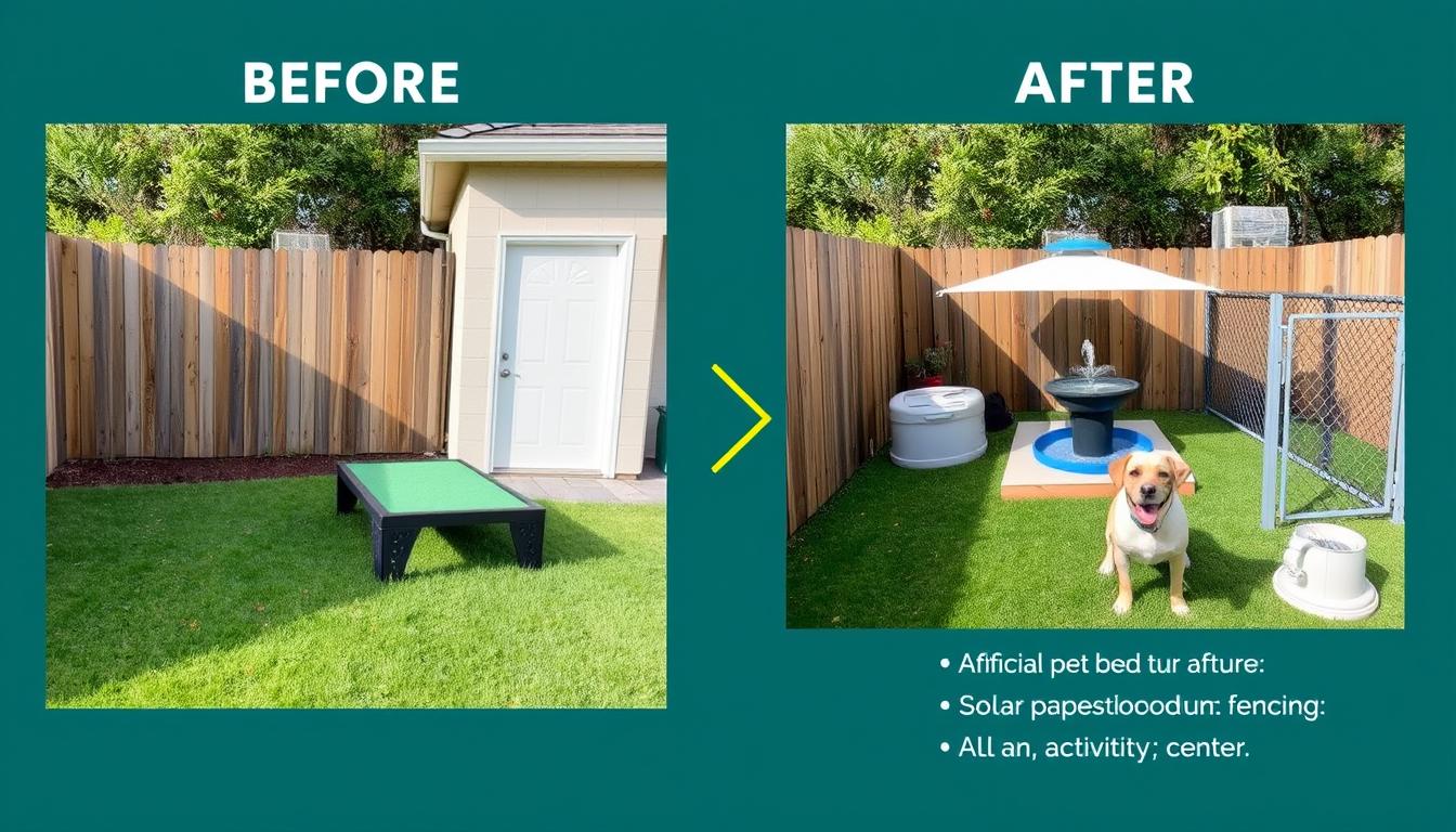 Before and after transformation of a complete pet-friendly backyard with all five recommended products installed Before and after transformation of a complete pet-friendly backyard with all five recommended products installed