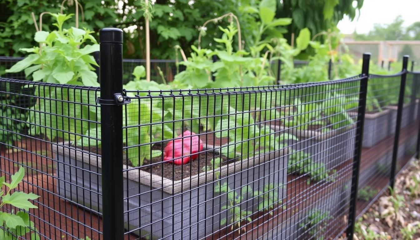 Black vinyl-coated wire mesh fence surrounding a vegetable garden Black vinyl-coated wire mesh fence surrounding a vegetable garden