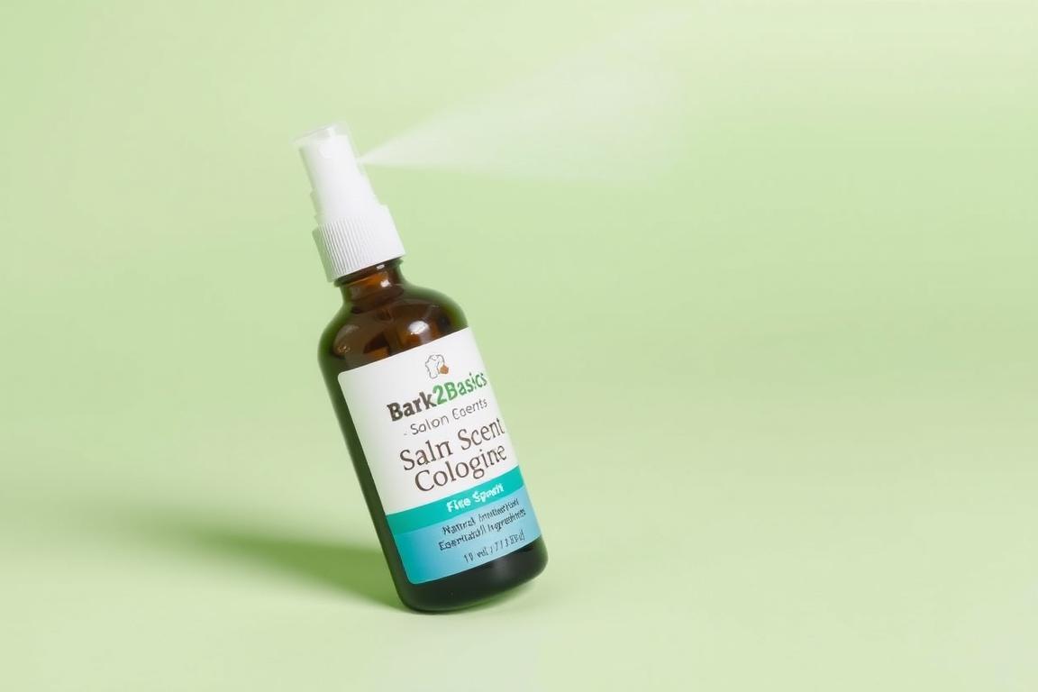 Bottle of Bark2Basics Salon Scents Pet Grooming Cologne with essential oils for dogs Bottle of Bark2Basics Salon Scents Pet Grooming Cologne with essential oils for dogs