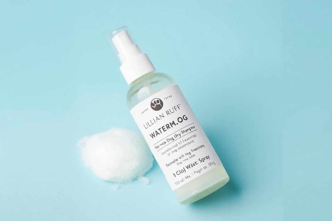 Bottle of Lillian Ruff Waterless No-Rinse Dog Dry Shampoo with essential oils for dogs Bottle of Lillian Ruff Waterless No-Rinse Dog Dry Shampoo with essential oils for dogs