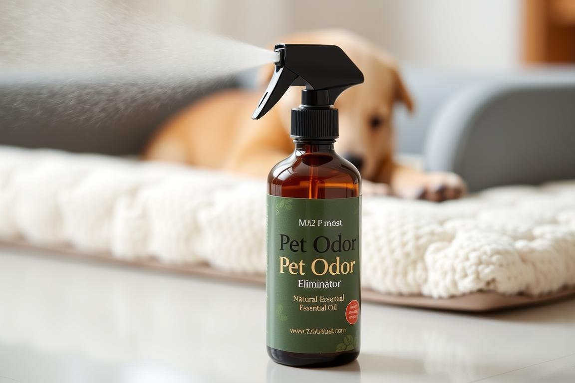 Bottle of Pet Odor Eliminator Spray with essential oils for dogs Bottle of Pet Odor Eliminator Spray with essential oils for dogs