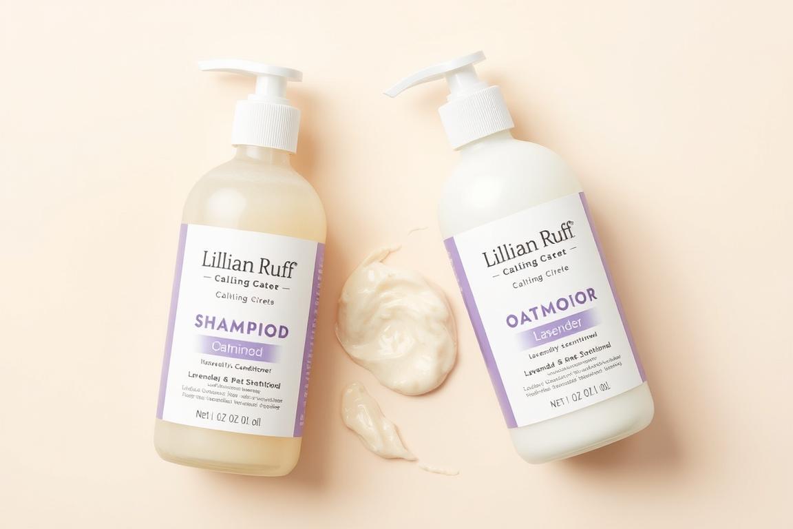 Bottles of Lillian Ruff Calming Oatmeal Pet Shampoo & Conditioner with essential oils for dogs Bottles of Lillian Ruff Calming Oatmeal Pet Shampoo & Conditioner with essential oils for dogs