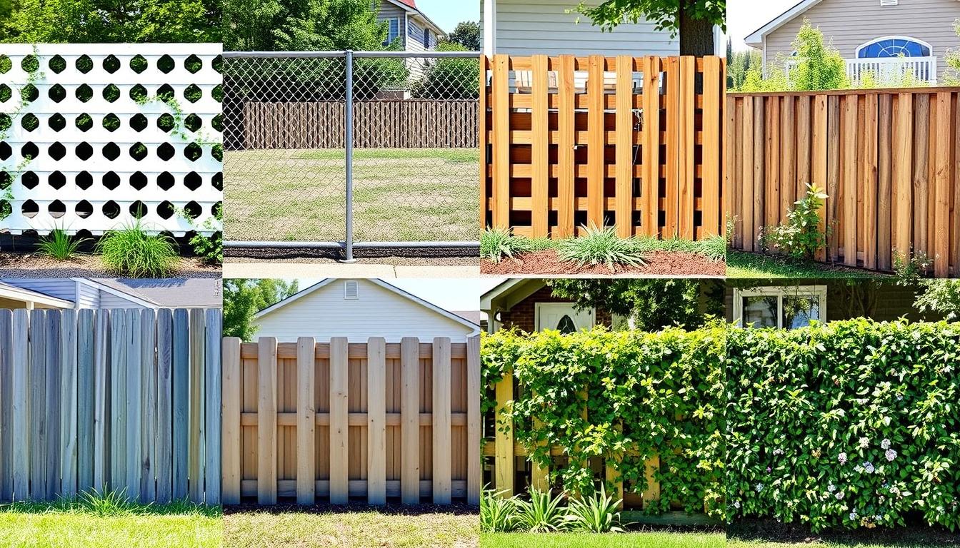 Collage showing various affordable fence styles including lattice, chain link, and natural materials Collage showing various affordable fence styles including lattice, chain link, and natural materials