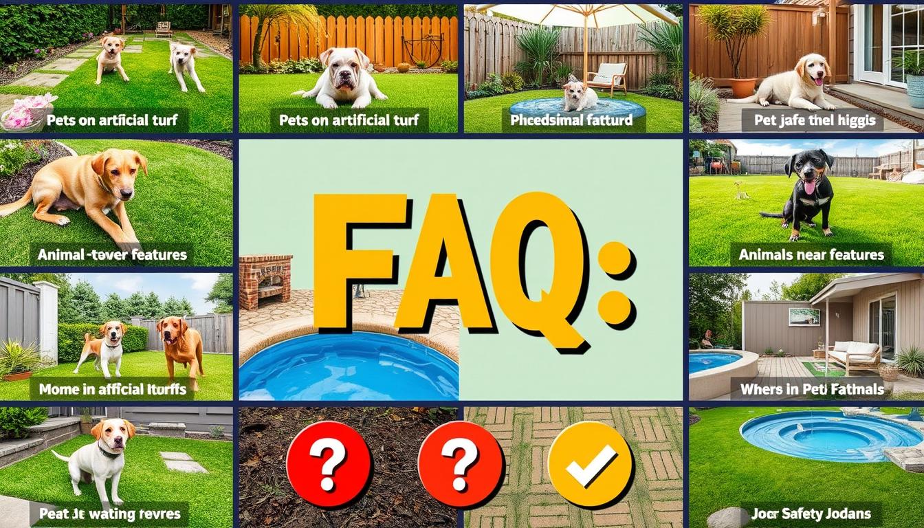 Collage showing various pet-friendly backyard scenarios with question marks and answer symbols Collage showing various pet-friendly backyard scenarios with question marks and answer symbols