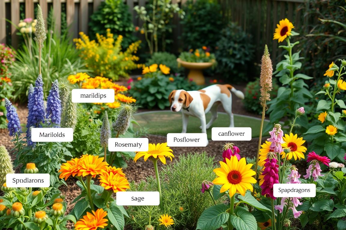 Collection of pet-safe plants arranged in a backyard setting with labels identifying each plant Collection of pet-safe plants arranged in a backyard setting with labels identifying each plant