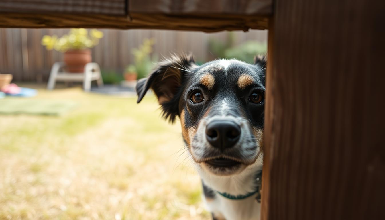 Dog looking through fence trying to escape yard