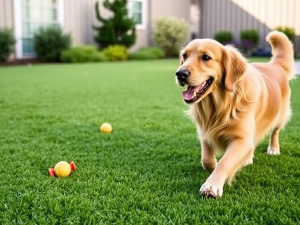 Dog playing on artificial pet turf in a backyard setting with toys scattered around