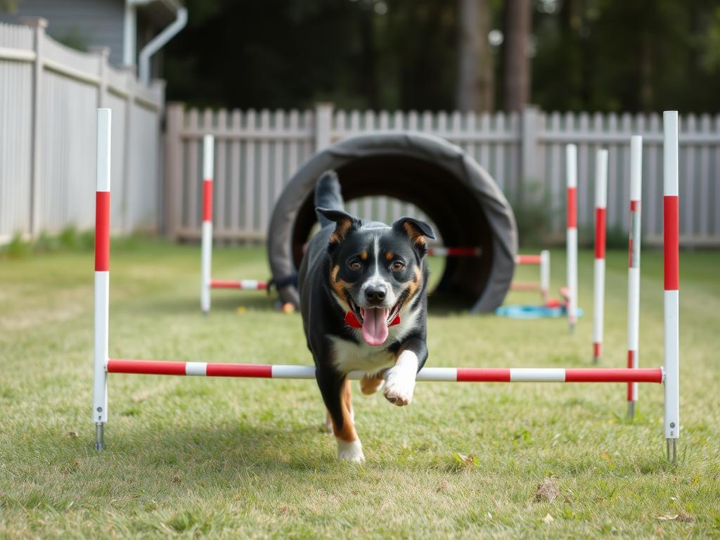 Dog playing with agility equipment in backyard Dog playing with agility equipment in backyard