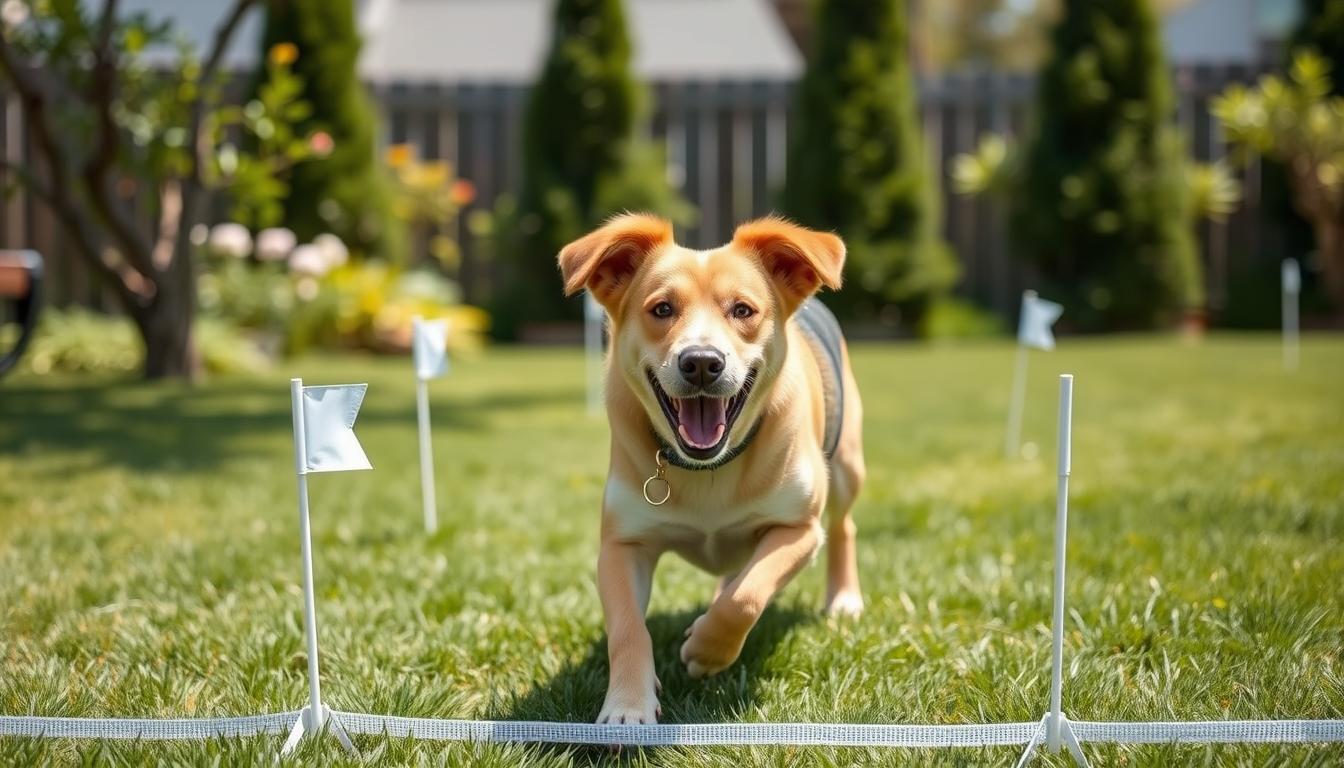 Dog safely playing in yard with invisible fence boundary markers