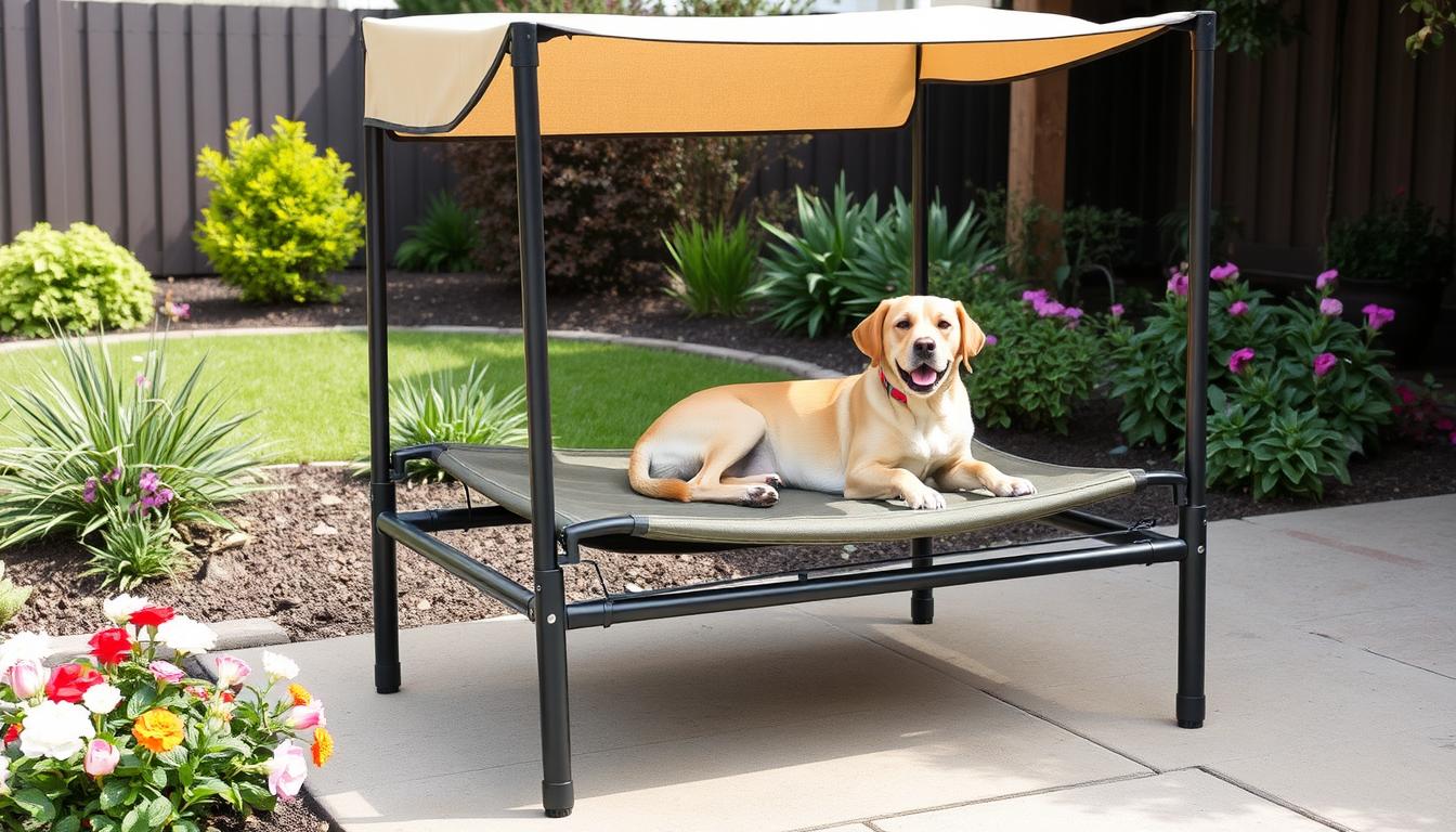 Elevated outdoor pet bed with sun-protecting canopy in a backyard setting with a dog relaxing on it Elevated outdoor pet bed with sun-protecting canopy in a backyard setting with a dog relaxing on it