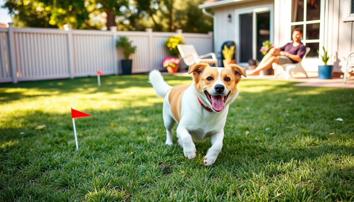 Happy dog playing safely within boundaries of a dog fence safety system