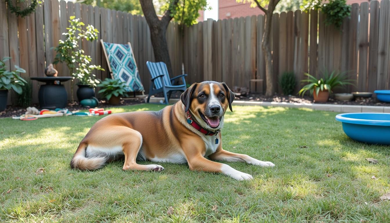 Happy dog safely playing in secure backyard Happy dog safely playing in secure backyard