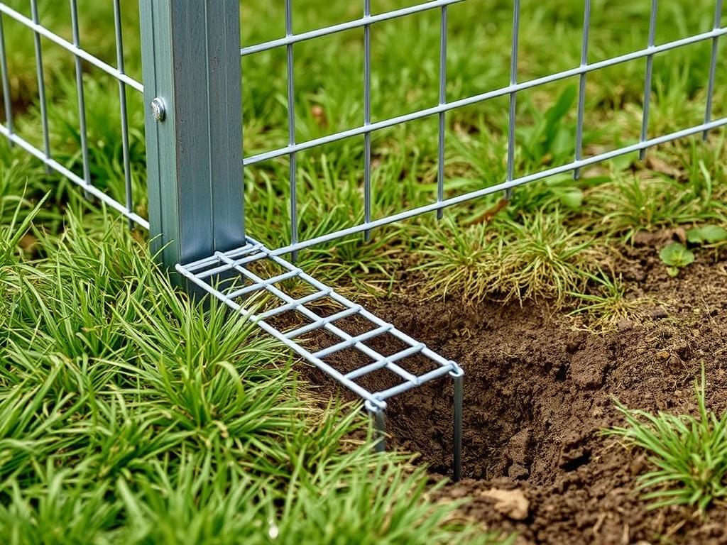 L-footer installation at fence base to stop dogs from digging under fences L-footer installation at fence base to stop dogs from digging under fences
