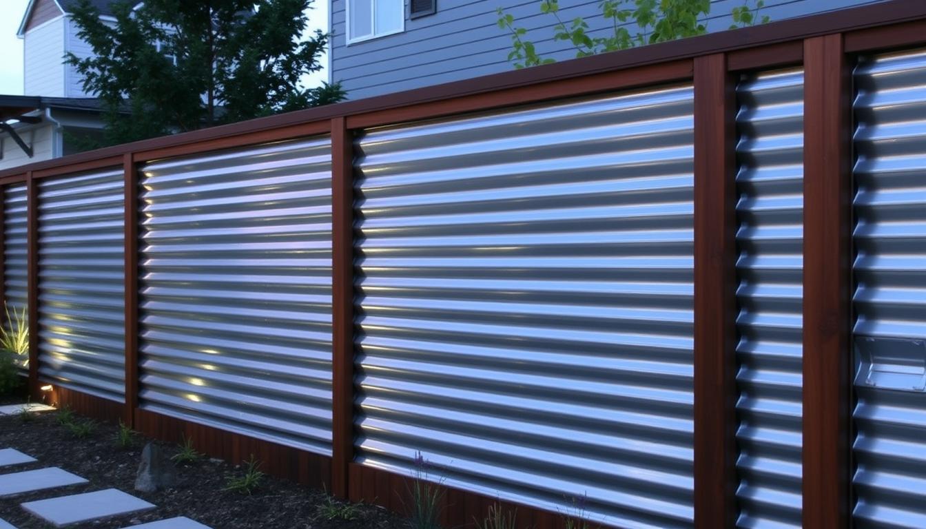 Modern corrugated metal fence with wooden frame in a contemporary backyard Modern corrugated metal fence with wooden frame in a contemporary backyard