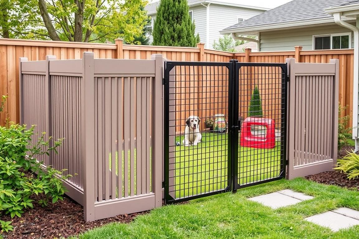 Modular pet fence panels installed in a backyard with a dog safely contained in the area Modular pet fence panels installed in a backyard with a dog safely contained in the area