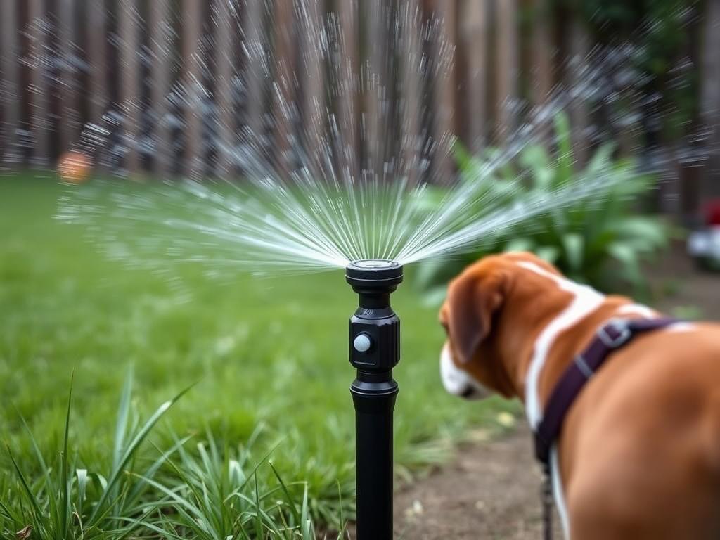 Motion-activated sprinkler deterrent to stop dogs from jumping fences Motion-activated sprinkler deterrent to stop dogs from jumping fences