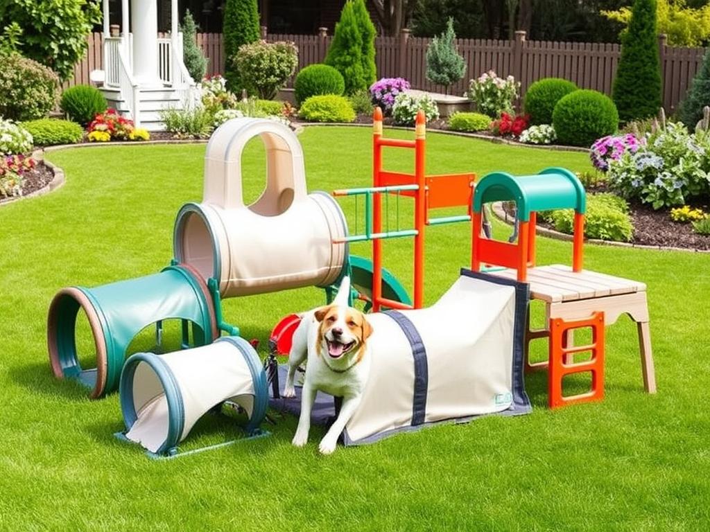 Outdoor pet activity center with various play elements installed in a backyard with a dog using it Outdoor pet activity center with various play elements installed in a backyard with a dog using it