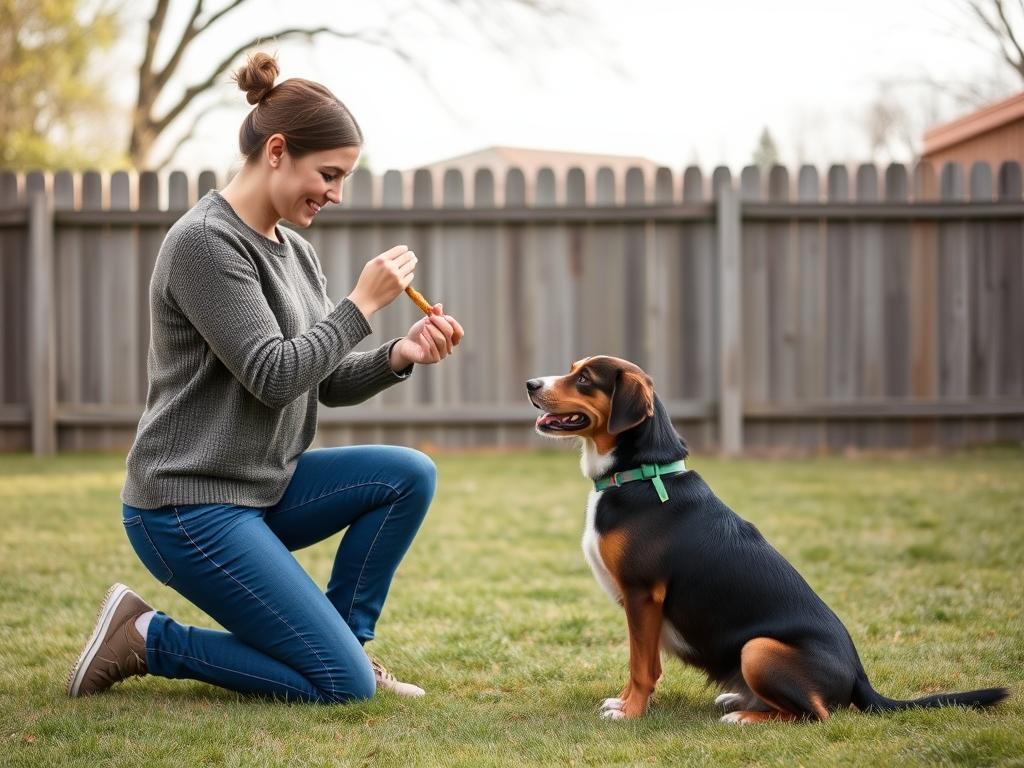 Owner rewarding dog for staying away from fence to stop dogs from jumping fences Owner rewarding dog for staying away from fence to stop dogs from jumping fences