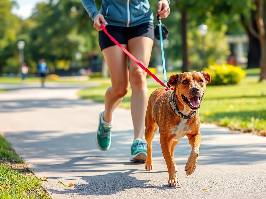Owner walking dog on leash to provide exercise and prevent fence jumping behavior Owner walking dog on leash to provide exercise and prevent fence jumping behavior