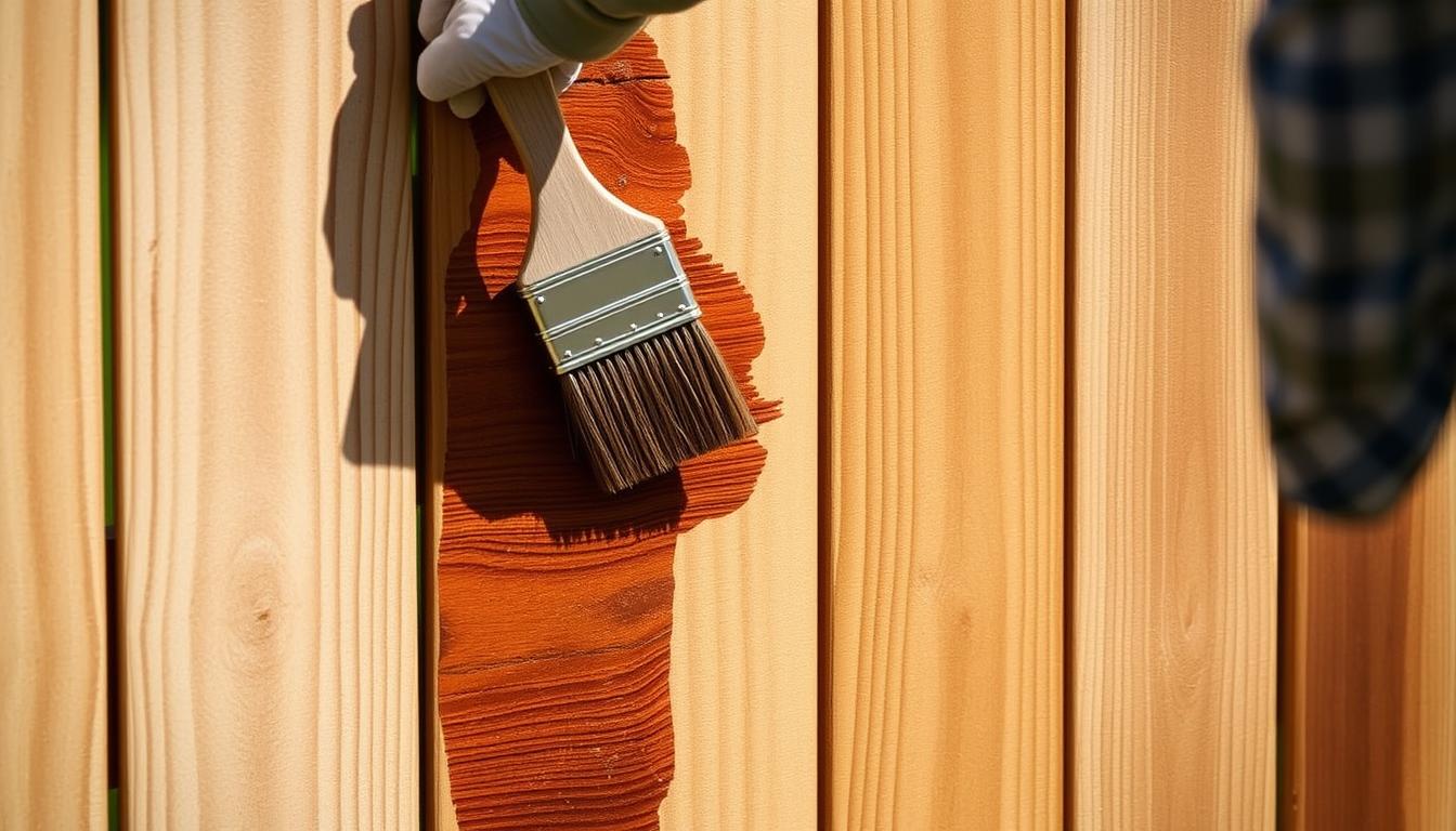 Person applying protective stain to a wooden fence Person applying protective stain to a wooden fence