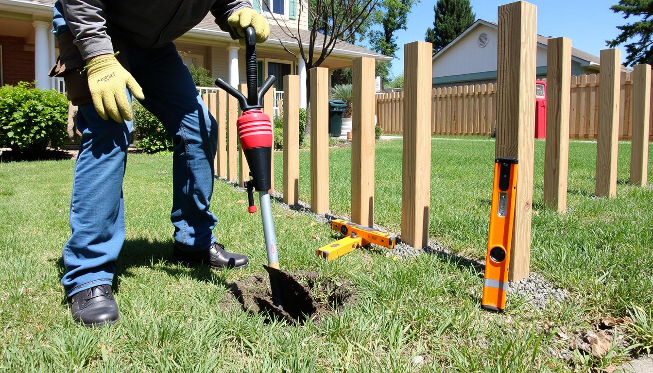 Person installing fence posts with proper tools and equipment Person installing fence posts with proper tools and equipment
