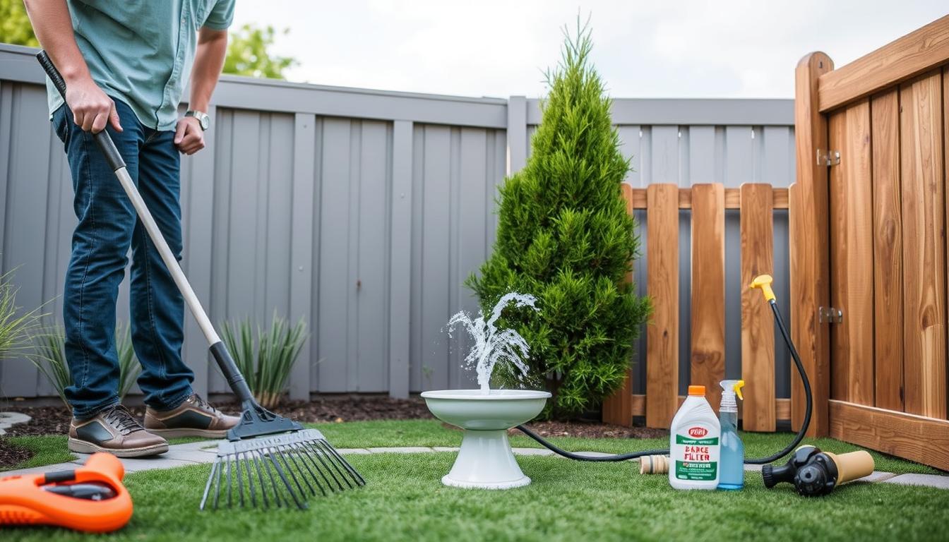 Person maintaining various pet-friendly backyard elements with proper tools and techniques Person maintaining various pet-friendly backyard elements with proper tools and techniques